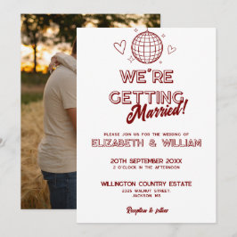 Invitación Moderno retro rojo disco groovy foto Boda