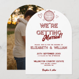 Invitación Moderno retro rojo disco groovy foto Boda