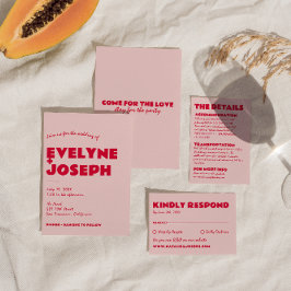 Invitación Moderno Retro Rojo Rosa Negrita Funky Boda Único