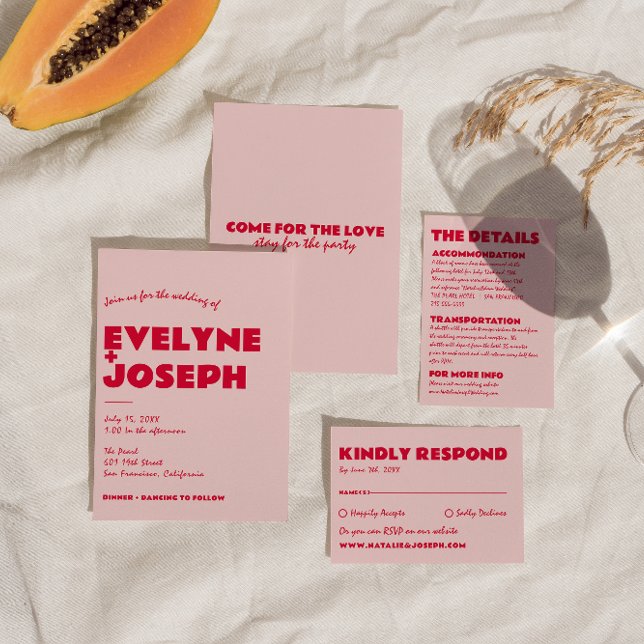 Invitación Moderno Retro Rojo Rosa Negrita Funky Boda Único (Subido por el creador)