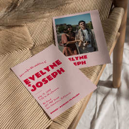 Invitación Moderno Retro Rojo Rosa Negrita Funky Photo Boda