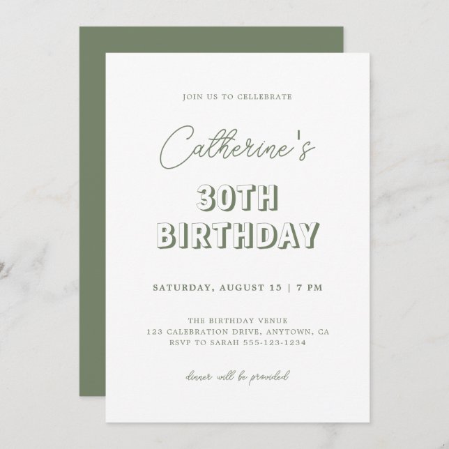 Invitación Moderno Retro Sage Green 30 Fiesta de cumpleaños (Anverso / Reverso)