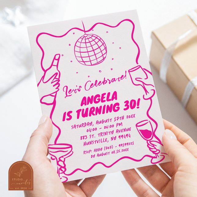 Invitación Moderno Retro Wavy Hot Pink Ilustración Cumpleaños (Subido por el creador)