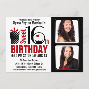 Invitación Moderno rojo y negro 2 fotos dulce 16 Fiesta