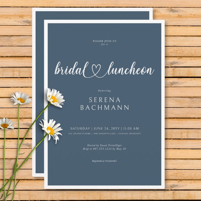 Invitación Moderno Romántico Mínimo Azul Bridal Luncheon (Modern Romantic Minimal Blue Bridal Luncheon Invitation)