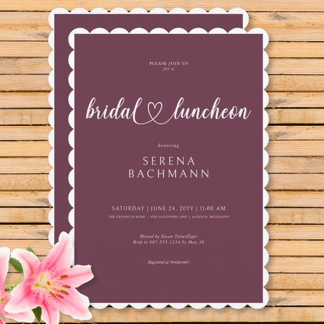 Invitación Moderno Romántico Mínimo Borgoña Nodal Luncheon (Modern Romantic Minimal Burgundy Bridal Luncheon Invitation)