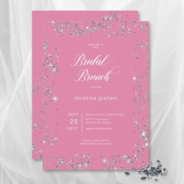 Invitación Moderno Ropa de Glam Rosa Diamond Frame Bridal Bru (Modern Pink Glam Diamond Frame Bridal Brunch Invitation)