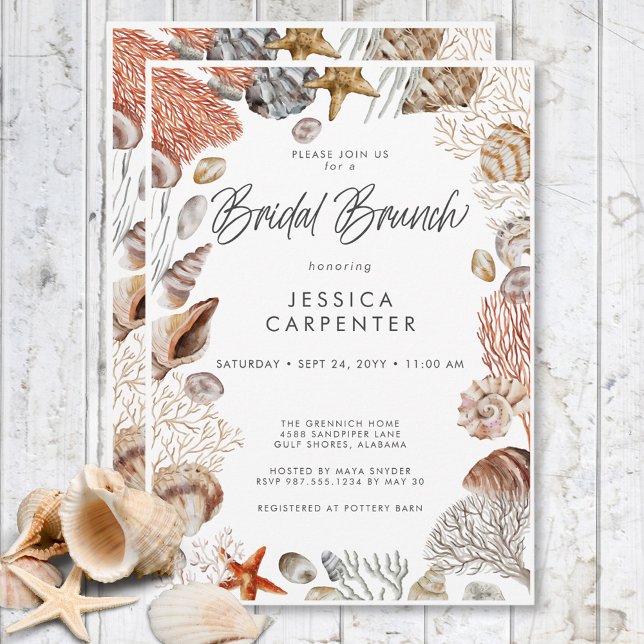 Invitación Moderno Ropa Tropical De Marea Marítima Brunch Bri (Modern Tropical Seashell Frame Bridal Brunch Invitation)