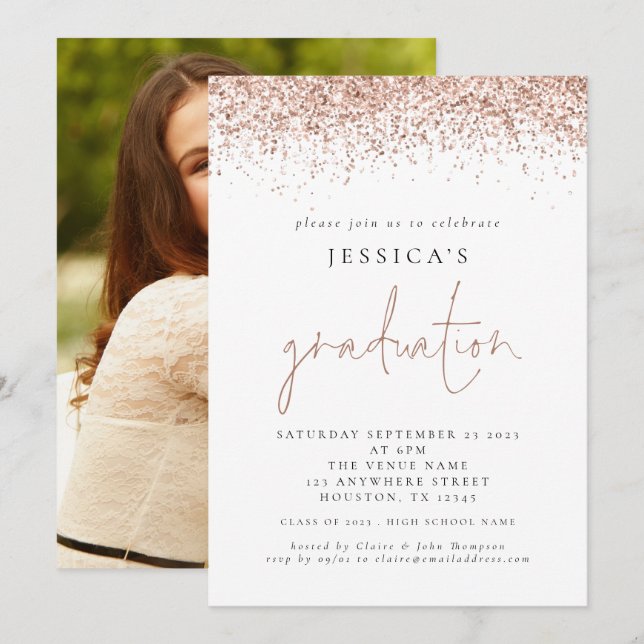Invitación Moderno Rosa de graduación 2024 Purpurina de oro (Anverso / Reverso)