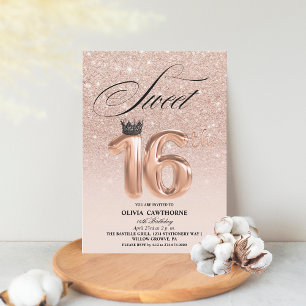 Invitación Moderno Rosa de Oro Purpurina goteo Crown Sweet 16