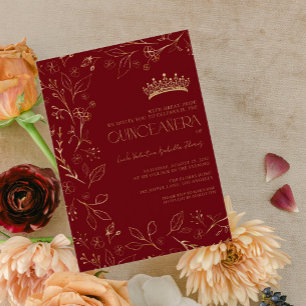 Invitación Moderno Rosa de Oro Rojo Floral Tiara Quinceañera