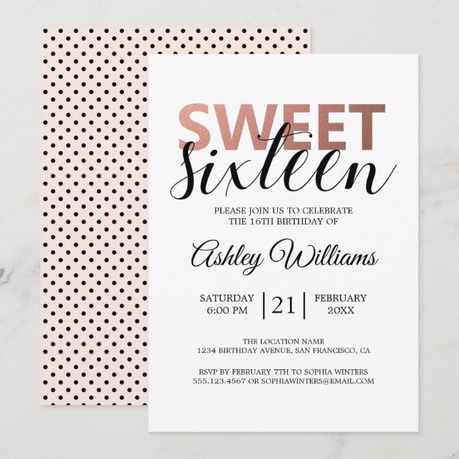 Invitación Moderno Rosa Dorado Elegante Dulce 16 (Anverso / Reverso)