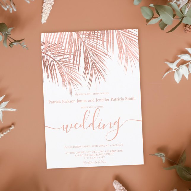 Invitación Moderno rosa dorado palmera elegante boda de guion (Subido por el creador)