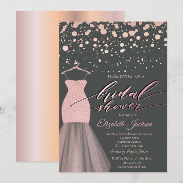 Invitación Moderno Rosa Dots de oro Purpurina Vestido Ducha d (Anverso / Reverso)
