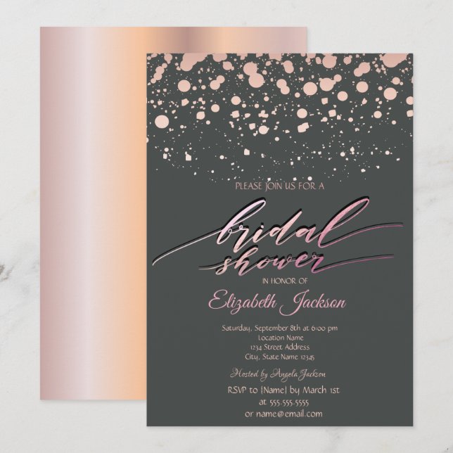 Invitación Moderno Rosa Dots Gold Ducha Gris Bridal (Anverso / Reverso)