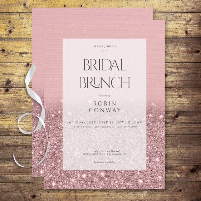 Invitación Moderno Rosa Glam Purpurina Rosado Brunch (Modern Rose Pink Glam Glitter Bridal Brunch Invitation)
