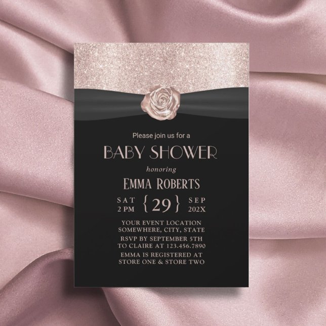 Invitación Moderno Rosa Gold Floral Ribbon Baby Shower de luj (Subido por el creador)