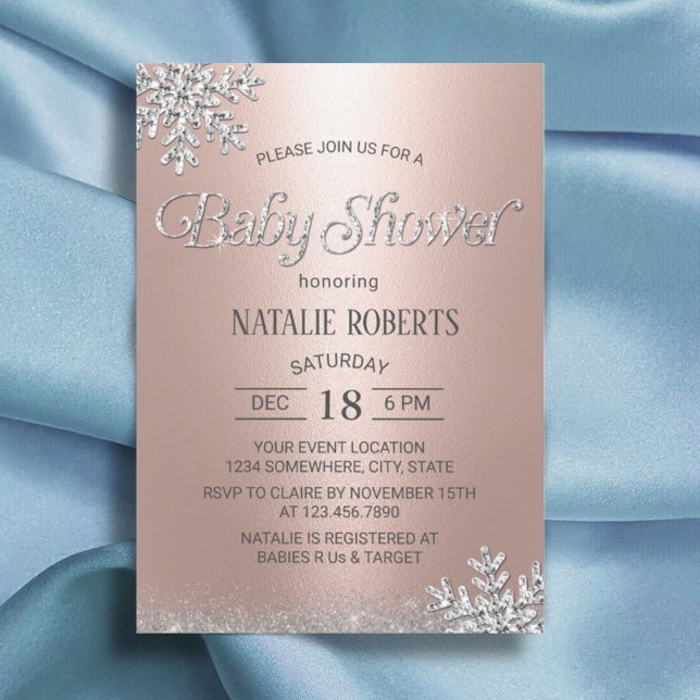 Invitación Moderno Rosa Gold Winter Snowflakes Baby Shower (Subido por el creador)