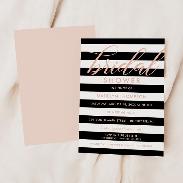 Invitación Moderno Rosa Gold y Black Stripes Bridal Shower (Subido por el creador)