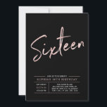 Invitación Moderno Rosa Gold y Black Sweet 16th Birthday Part<br><div class="desc">Celebra tu día especial con esta sencilla y elegante invitación a la fiesta de cumpleaños número 16. Este diseño presenta un guión de pincel de moda "Dieciséis" con un diseño limpio en combinación color oro negro y rosa. En mi tienda BaraBomDesign hay disponibles más invitaciones de cumpleaños para adolescentes y...</div>