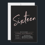 Invitación Moderno Rosa Gold y Black Sweet 16th Birthday Part<br><div class="desc">Celebra tu día especial con esta sencilla y elegante invitación a la fiesta de cumpleaños número 16. Este diseño presenta un guión de pincel de moda "Dieciséis" con un diseño limpio en combinación color oro negro y rosa. En mi tienda BaraBomDesign hay disponibles más invitaciones de cumpleaños para adolescentes y...</div>
