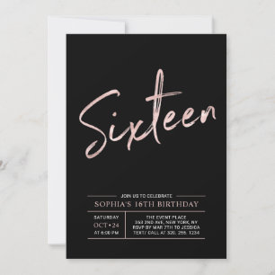 Invitación Moderno Rosa Gold y Black Sweet 16th Birthday Part