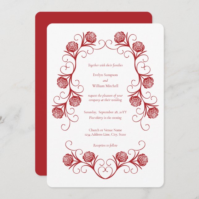 Invitación Moderno Rosa gótico Swirls Crimson Boda rojo (Anverso / Reverso)