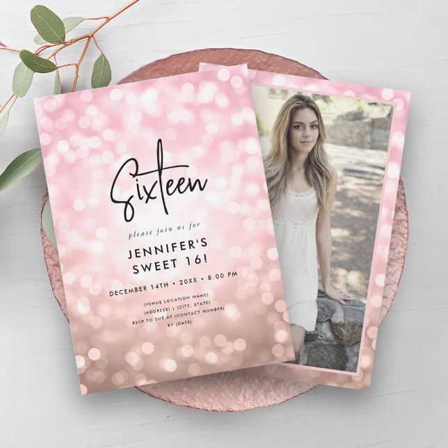 Invitación Moderno Rosa Luces de Oro Foto Dulce 16 Invite (Modern Rose Gold Lights Photo Sweet 16 Invite)