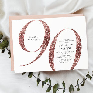 Invitación Moderno rosa minimalista purpurina de oro 90 años
