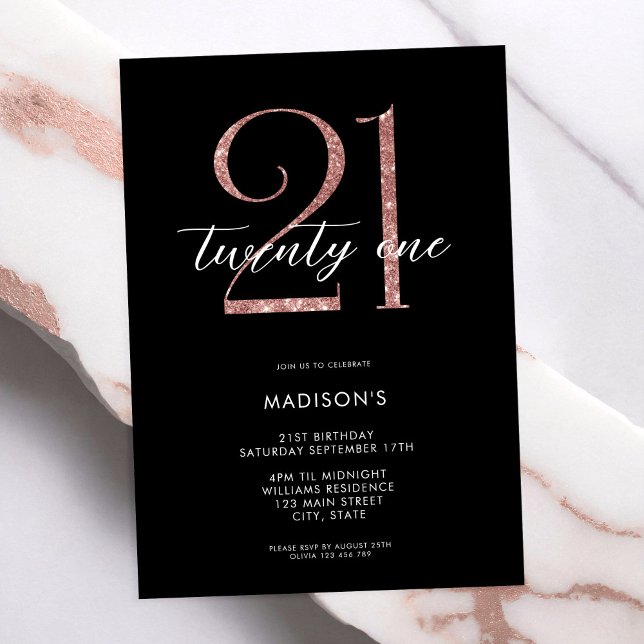 Invitación Moderno Rosa Negro Oro Elegante 21 cumpleaños (Subido por el creador)