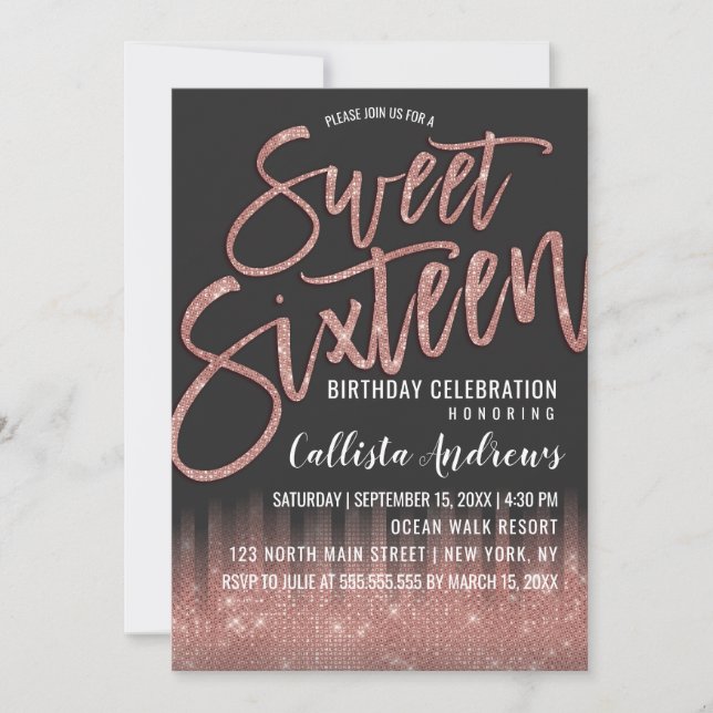 Invitación Moderno Rosa Negro Oro Purpurina Typografía Dulce  (Anverso)