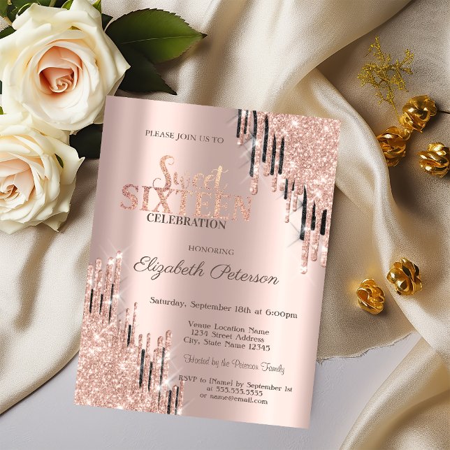 Invitación Moderno Rosa Oro Negro Purpurina Drips Dulce 16 (Subido por el creador)