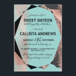 Invitación Moderno Rosa Oro Negro Verde azulado Geométrico Du<br><div class="desc">Esta moderna, lujosa y elegante invitación dulce de dieciséis años es perfecta para un joven chica moderno y elegante. Se presenta un diseño de bandeja de pintura y geométrica de color verde verde azulado y rosa de Relieve metalizado metálico, negro, gris carbón vegetal y negro. ¡Es contemporáneo, moda y único!...</div>