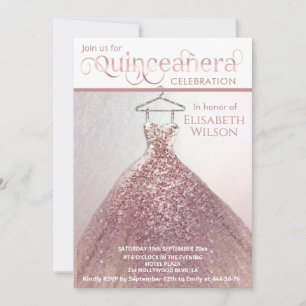 Invitación Moderno rosa oro purpurinoso vestido negro Quincea