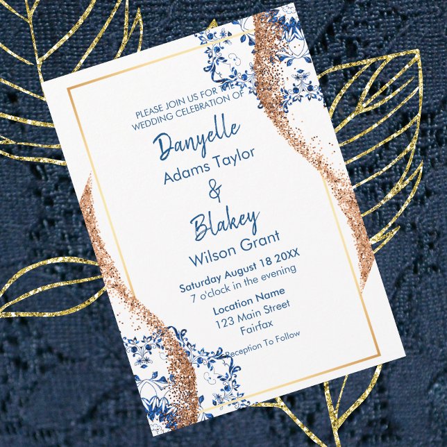 Invitación Moderno Rosa Purpurina de oro Blue Lace Mandala Bo (Subido por el creador)