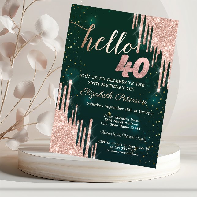 Invitación Moderno Rosa Purpurina de Oro delata Green 40 Cump (Subido por el creador)