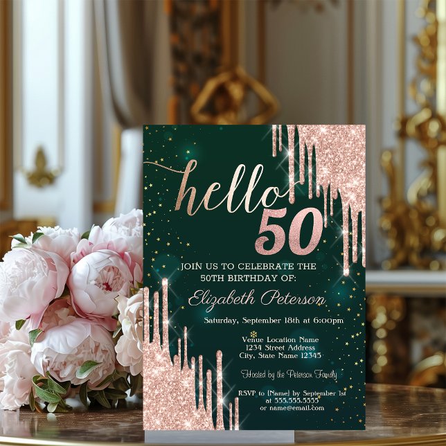 Invitación Moderno Rosa Purpurina de Oro delata Green 50th Bi (Subido por el creador)