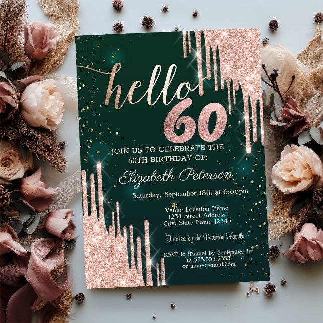 Invitación Moderno Rosa Purpurina de Oro delata Green 60th Bi (Subido por el creador)