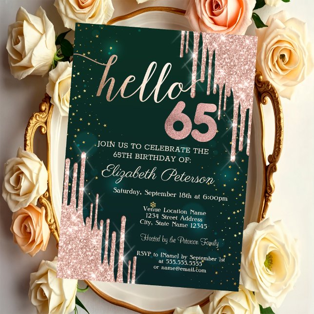 Invitación Moderno Rosa Purpurina de Oro Drips Green 65th Cum (Subido por el creador)