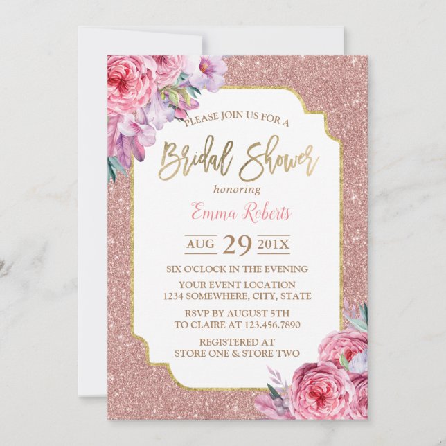Invitación Moderno Rosa Purpurina de oro  Floral rosa ducha d (Anverso)