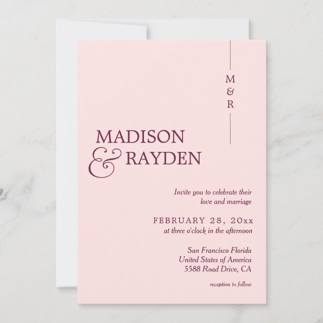 Invitación Moderno Rosa simple Monograma rosa Boda fotográfic (Anverso)