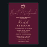 Invitación Moderno Rosa simple oro Borgoña rojo Bat Mitzvah<br><div class="desc">Esta elegante, minimalista y moda invitación a Bat Mitzvah es la elección perfecta para su hija en su día especial. Presenta un diseño sencillo y moderno de tipografía de oro rosa con la estrella de David sobre un fondo rojo burdeos. ¡Es un diseño hermoso, contemporáneo y elegante para celebrar este...</div>