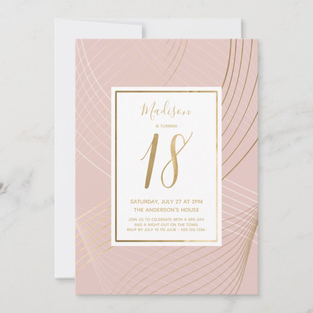 Invitación Moderno Rosa y Oro 18, 18, cumpleaños (Anverso)