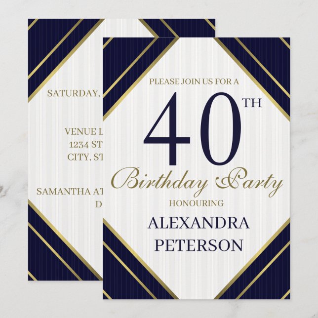 Invitación Moderno Royal Blue White And Gold Stripes Cumpleañ (Anverso / Reverso)