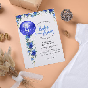 Invitación Moderno Royal Floral Balloon Boy Baby Shower