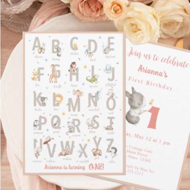 Invitación Moderno Rubor Animal Alphabet ABC Primer cumpleaño (Subido por el creador)