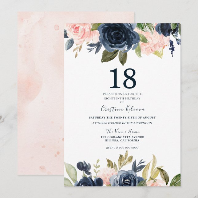 Invitación Moderno Rubor Botánico & Navy Floral 18º cumpleaño (Anverso / Reverso)