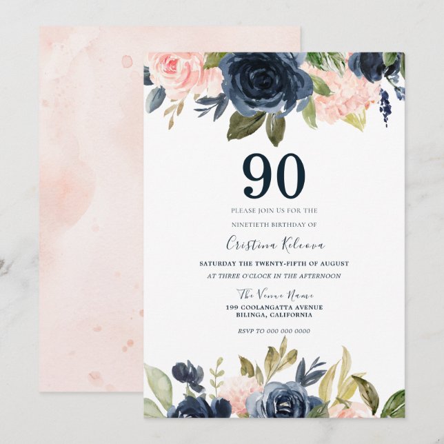 Invitación Moderno Rubor Botánico & Navy Floral 90 cumpleaños (Anverso / Reverso)