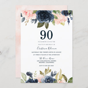 Invitación Moderno Rubor Botánico & Navy Floral 90 cumpleaños
