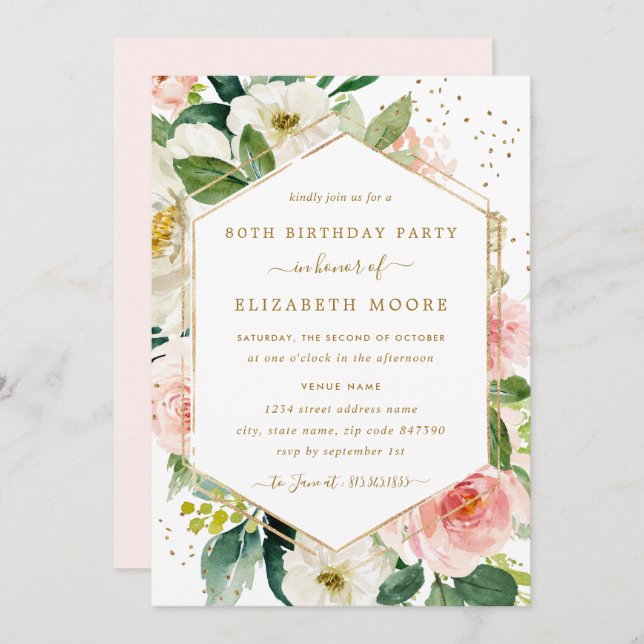 Invitación Moderno Rubor Gold Floral 80 cumpleaños (Anverso / Reverso)